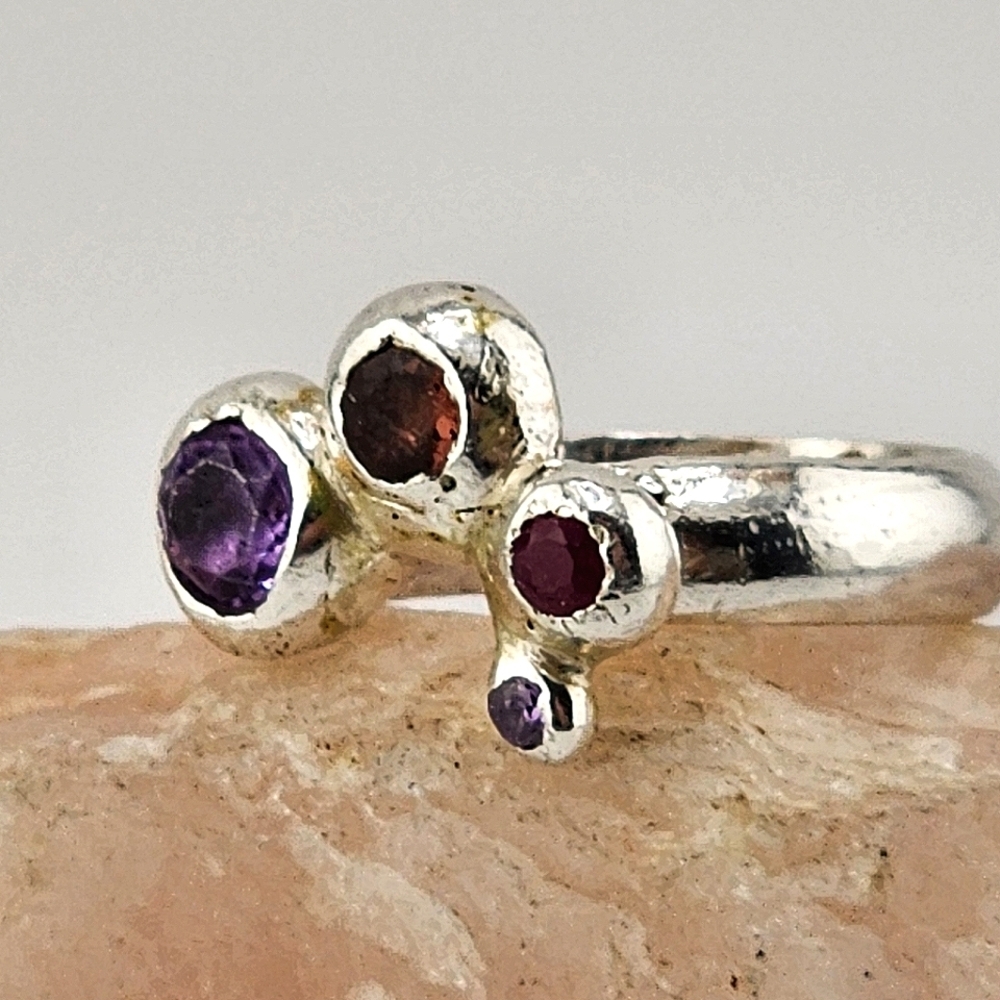 GARNET & AMETHYST HANDMADE RING ORGANIC STYLE SIZE  5.5